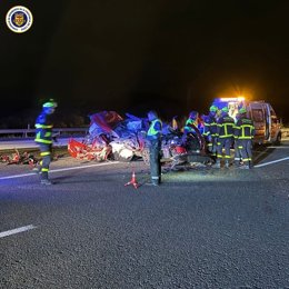 Efectivos de bomberos trabajan sobre el vehículo siniestrado en la A-381 tras colisionar con un camión.