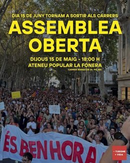 Cartel de la asamblea de 'Menys Turisme, Més Vida' de cara a la manifestación del próximo 15 de junio.