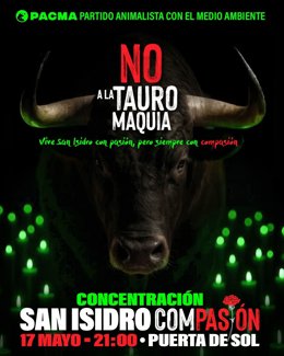 Concentración antitaurina convocada por PACMA en la Puerta del Sol el 17 de mayo de 2025, coincidiendo con la Feria de San Isidro