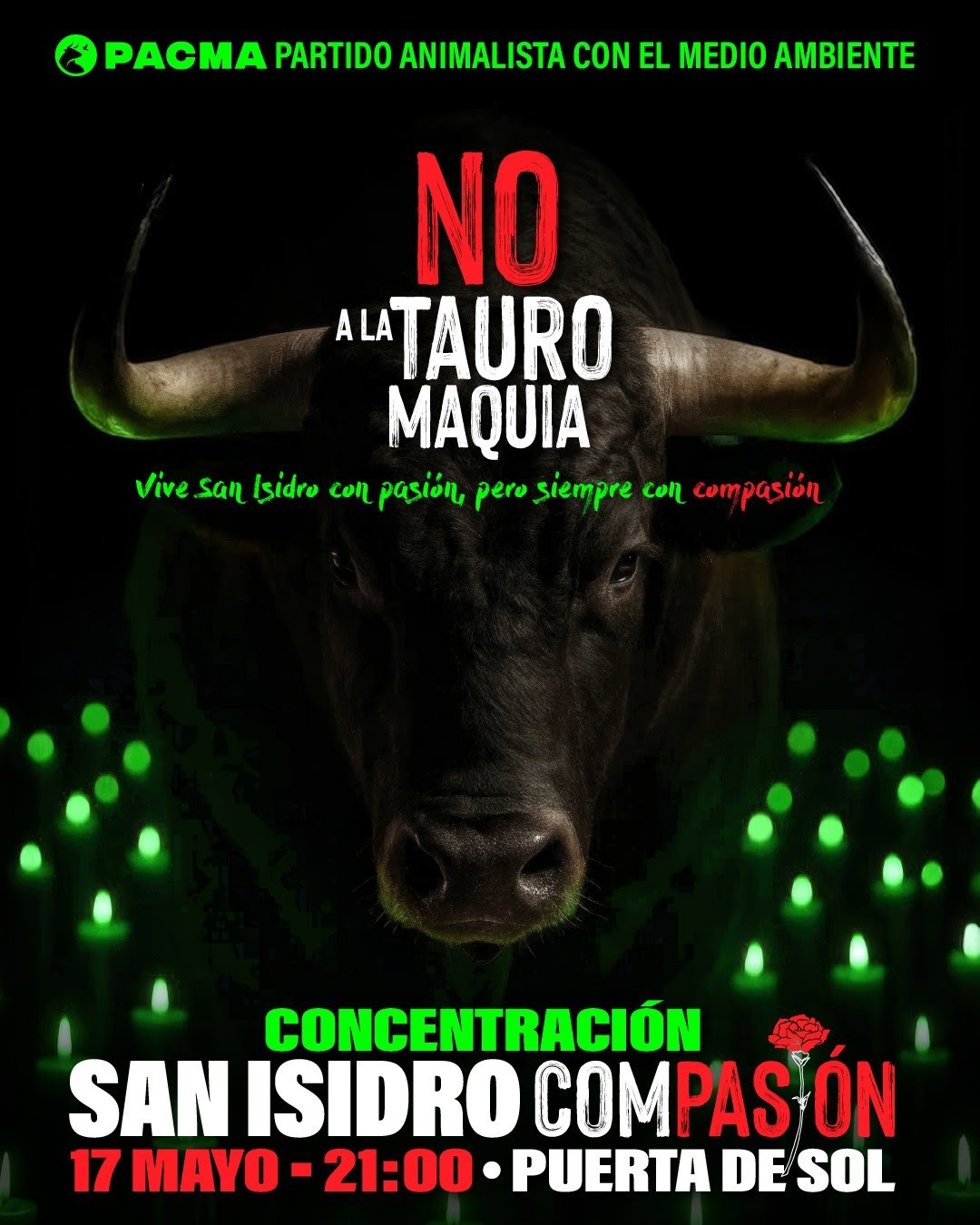 Concentración antitaurina convocada por PACMA en la Puerta del Sol el 17 de mayo de 2025, coincidiendo con la Feria de San Isidro