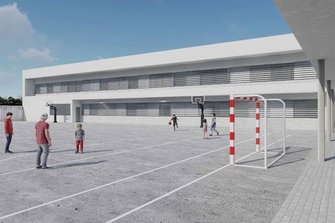 Recreación del nuevo edificio y patio del CEIP Los Argonautas de Chipiona.