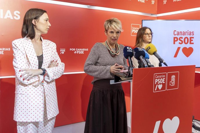 La secretaria de Organización del PSOE de Canarias, Nira Fierro, la vicesecretaria, Elena Máñez y la secretaria de Dependencia, Marta Arocha, en una rueda de prensa sobre dependencia