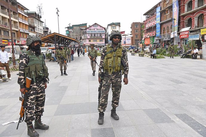 May 2, 2025, Srinagar, Jammu And Kashmir, India: Paramilitary soldiers stand guard near the Clock Tower (Ghanta Ghar) in Srinagar, Jammu and Kashmir, on May 02, 2025. Indian Prime Minister Narendra Modi gives the military ''complete operational freedom'' 