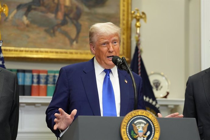 May 12, 2025, Washington, District Of Columbia, USA: United States President Donald J Trump makes remarks on the India-Pakistan cease-fire, the new US-China Trade Deal, the return of Eden Alexander from Hamas captivity and the high cost of prescription dr