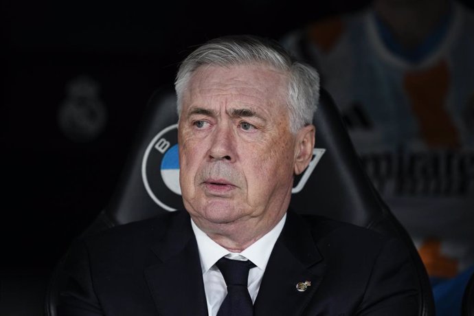 Carlo Ancelotti, head coach of Real Madrid, looks on during the Spanish League, LaLiga EA Sports, football match played between Real Madrid and RC Celta de Vigo at Santiago Bernabeu stadium on May 04, 2025 in Madrid, Spain.