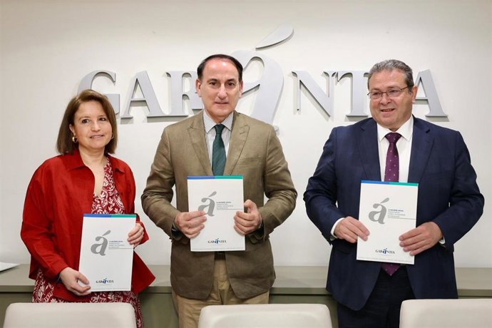La directora de Abay Analistas Económicos y coordinadora del informe, Maribel Martínez, el presidente de la entidad, Javier González Lara, y el director general de la misma, Antonio Vega.