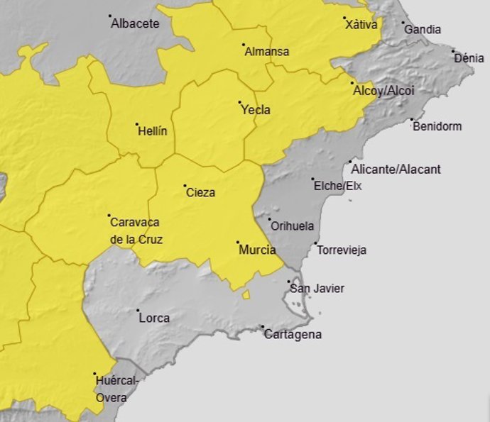 El Altiplano, el Noroeste y la Vega del Segura, en aviso amarillo por lluvias y tormentas este martes por la tarde