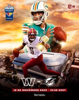 Cartaz anunciando a temporada 2025 da NFL entre Dolphins e Commanders, que será disputada em Madri