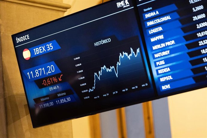 Archivo - Un panel del Ibex 35 en el Palacio de la Bolsa de Madrid, a 21 de enero de 2025, en Madrid (España). 