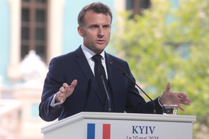 May 10, 2025, Kyiv, Ukraine: President of France Emmanuel Macron attends a joint news conference with President of Ukraine Volodymyr Zelenskyy and the Coalition of the Willing leaders following their meetings and negotiations, Kyiv, Ukraine, on May 10, 20