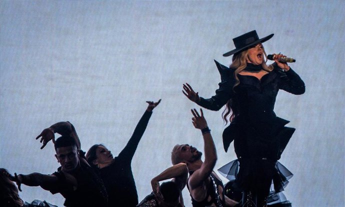 13 May 2025, Switzerland, Basel: Melody from Spain performs with the song "Esa Diva" at the first semi-final of the 69th Eurovision Song Contest in the Arena St. Jakobshalle. Photo: Jens Büttner/dpa