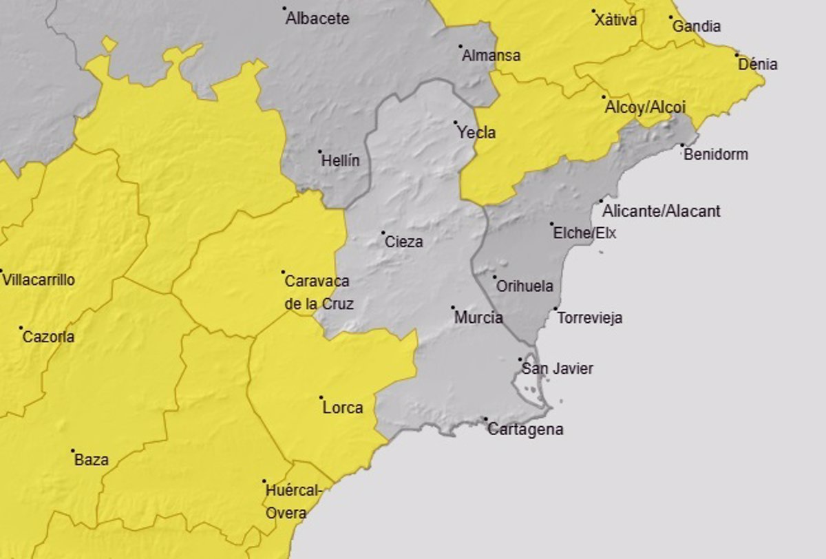 El Noroeste y el Valle del Guadalentín, Lorca y Águilas, en aviso amarillo por lluvias y tormentas este miércoles