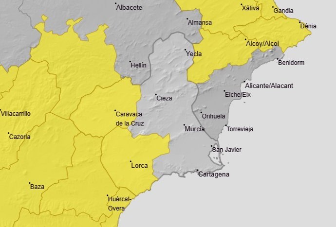 El Noroeste y el Valle del Guadalentín, Lorca y Águilas, en aviso amarillo por lluvias y tormentas este miércoles