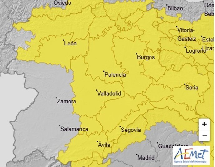Mapa elaborado por la Aemet sobre los avisos amarillos activados este miércoles, 14 de mayo