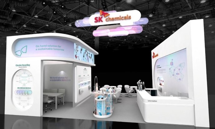 SK chemicals participated in the China Beauty Expo 2025, held from May 12 to 14 at the Shanghai New International Expo Center (SNIEC). Pictured: a rendering of the SK chemicals exhibition booth.