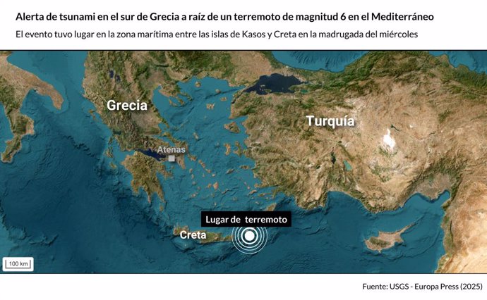 Mapa con lugar del terremoto en el Mediterráneo. Las autoridades griegas han emitido una alerta de tsunami como medida de precaución ante la detección de un terremoto de magnitud 6 en la escala de Richter en la zona marítima entre las islas de Kasos y Cre