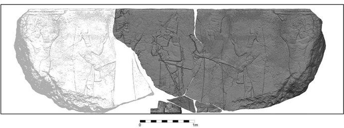 Modelo 3D del aspecto original del relieve. Las zonas en gris son las que han sido recuperadas.