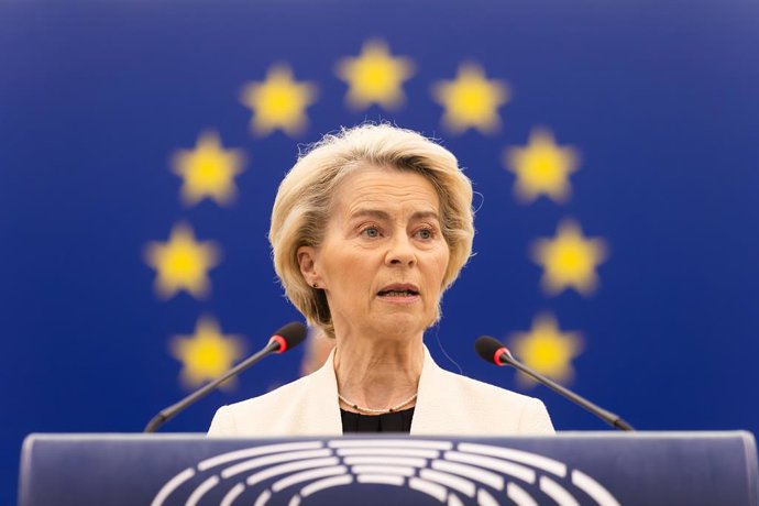 07 May 2025, France, Strassburg: Ursula von der Leyen, President of the European Commission, speaks in the European Parliament building. The agenda includes a debate on the situation in Ukraine, with von der Leyen participating. A ceremony to commemorate 