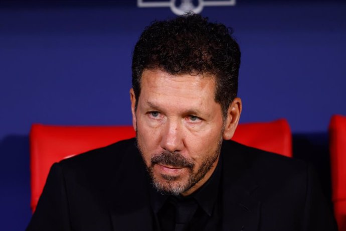Diego Pablo Simeone, head coach of Atletico de Madrid, looks on during the Spanish League, LaLiga EA Sports, football match played between Atletico de Madrid and Real Valladolid at Riyadh Air Metropolitano stadium on April 14, 2025, in Madrid, Spain.