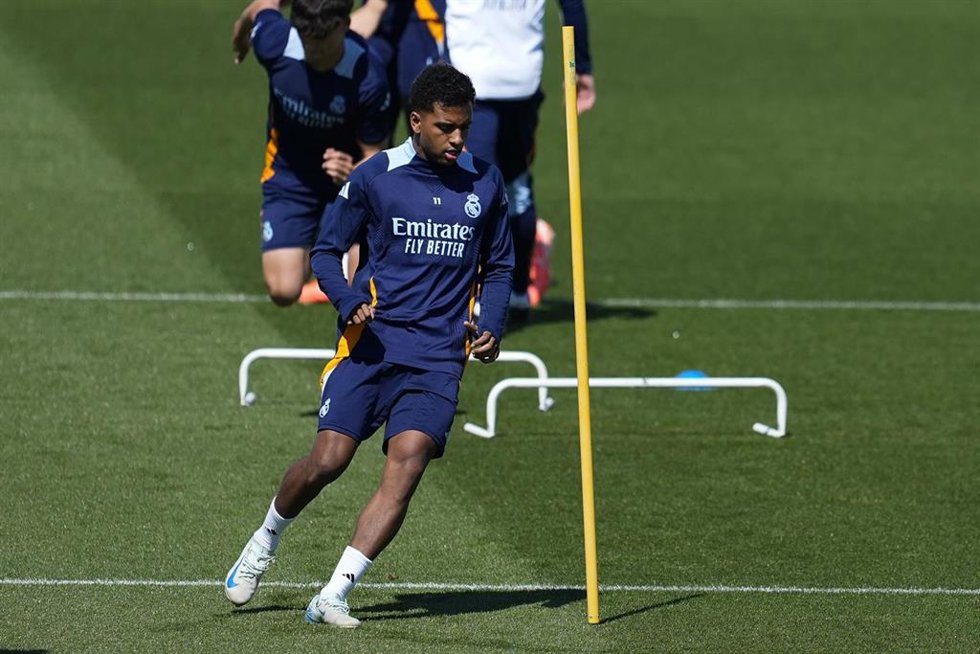 El delantero brasileño del Real Madrid Rodrygo Goes, durante un entrenamiento en Valdebebas. 