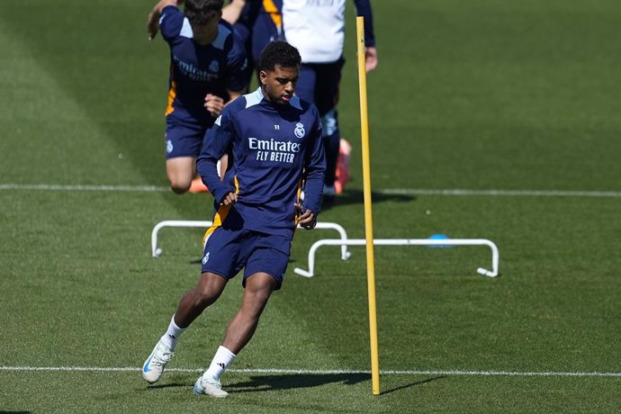Rodrygo Goes during the training day of Real Madrid ahead the Spanish League, LaLiga EA Sports, football match against RCD Mallorca at Ciudad Deportiva Real Madrid on May 13, 2025, in Valdebebas, Madrid, Spain.