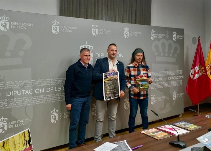 El diputado de Cultura, Arte y Patrimonio de León, Emilio Martínez (centro); el coordinador de 'Geolaciana', Rodrigo Castaño de Luis (dcha) y el representante del Aula Geológica de Robles Policarpo Fernández López, durante la presentación de las Jornadas.