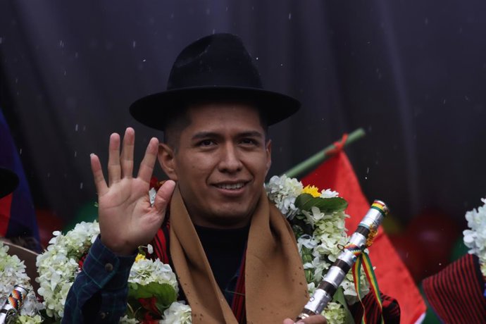 May 10, 2025, El Alto, La Paz, Bolivia: Andrónico Rodríguez, president of the Bolivian Senate, proclaimed his presidential candidacy accompanied by Los Ponchos Rojos.