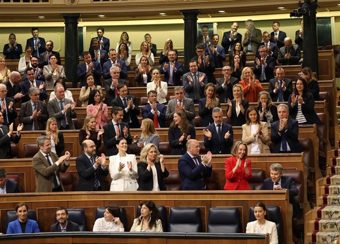 El presidente del PP, Alberto Núñez Feijóo, es aplaudido por la bancada del PP durante una sesión de control al Gobierno en el Congreso de los Diputados, a 14 de mayo de 2025, en Madrid (España). 