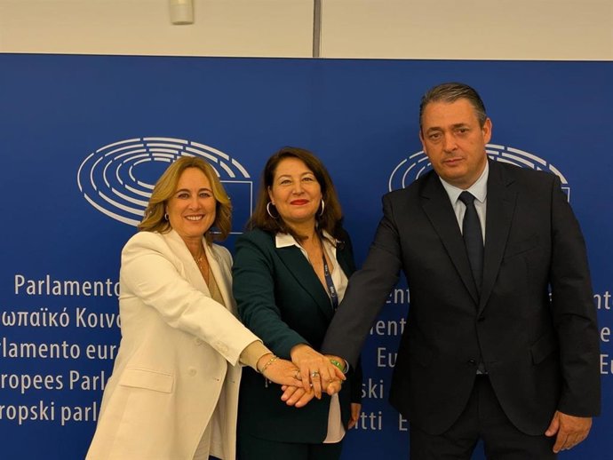 Los diputados provinciales José Juan Martínez y Esther Álvarez, junto a la eurodiputada Carmen Crespo, durante la Asamblea General celebrada en Bruselas.
