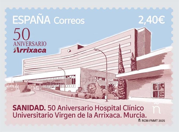 Sello dedicado al 50 aniversario del hospital Virgen de la Arrixaca de Murcia