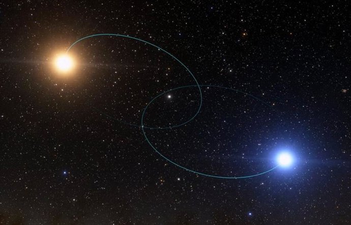 Esta ilustración, tomada de una animación producida para la Agencia Espacial Europea, muestra un sistema estelar binario.