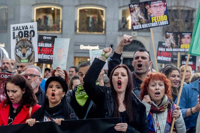 Archivo - Decenes de persones mientres la concentración ‘Salvar al llobu ibéricu’.