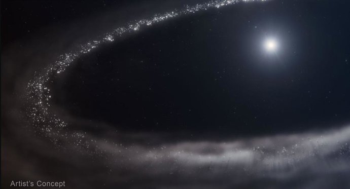 Pela primeira vez, pesquisadores confirmaram a presença de gelo de água cristalina em um disco de detritos empoeirados em órbita de uma estrela semelhante ao Sol, usando o Telescópio Espacial James Webb da NASA.