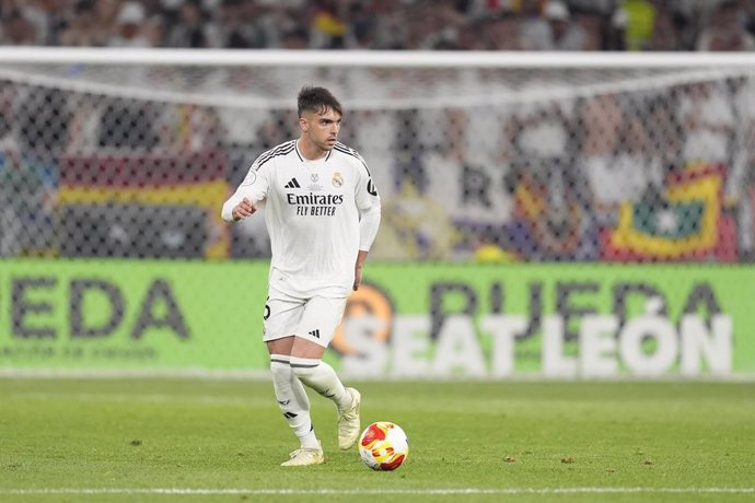 Raul Asencio of Real Madrid in action during the Spanish Cup, Copa del Rey, Final football match played between FC Barcelona and Real Madrid at La Cartuja Stadium on April 26, 2025 in Sevilla, Spain.