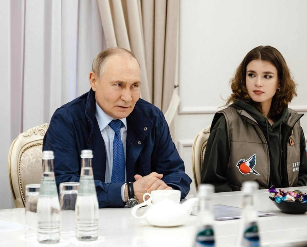 HANDOUT - 21 May 2025, Russia, Kurchatov: Russian President Vladimir Putin meets with representatives of volunteer organizations during a visit to the Kursk region.