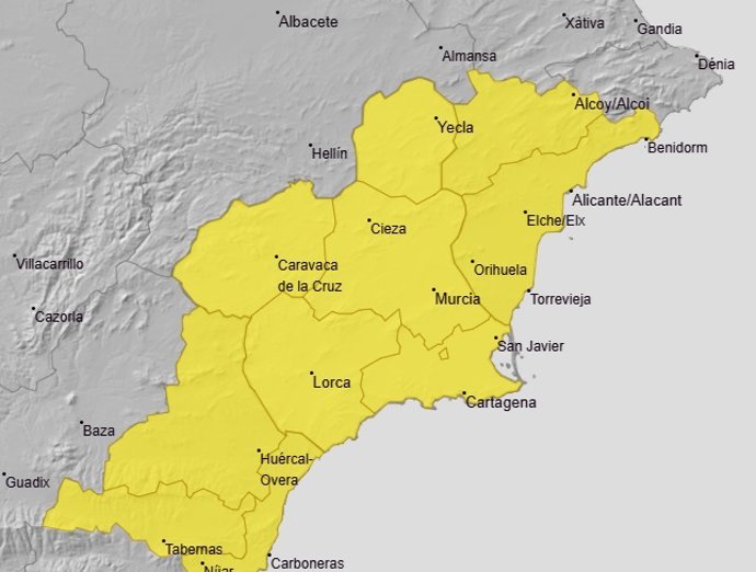 Toda la Región de Murcia permanece en aviso amarillo por lluvias y tormentas este jueves