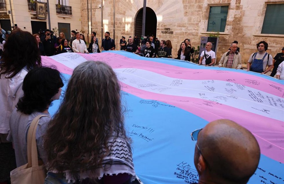 La asociaciones Lambda, colectivo LGTB+ per la diversitat sexual, de gnere i familiar y Chrysallis, de familias de Infancia y Juventud Trans se han concentrado este jueves frente a Les Corts para pedir que "no se toque" la Ley Trans valenciana