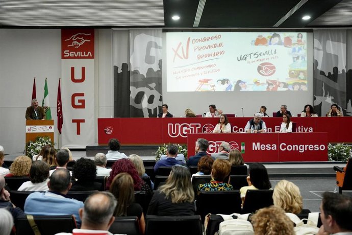 El secretario general de UGT Andalucía, Óskar Martín, en el XV Congreso de UGT de Sevilla.