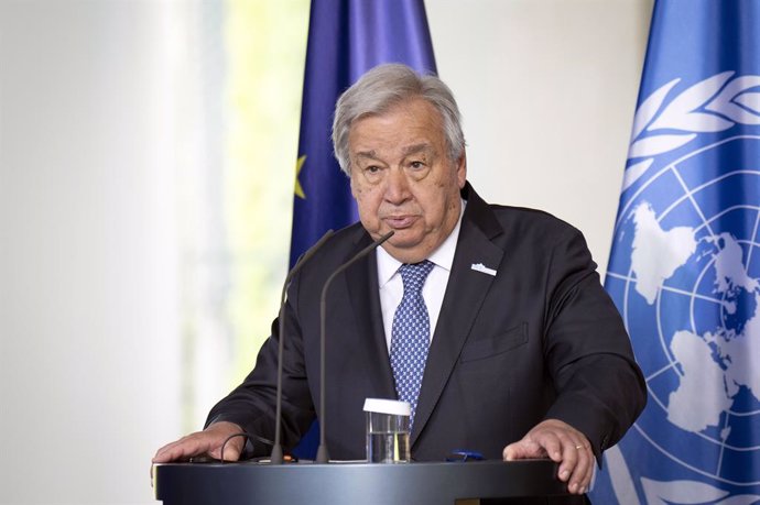 May 14, 2025, Berlin, Berlin, Deutschland: Antonio Guterres beim Empfang des Generalsekretärs der Vereinten Nationen zu einem gemeinsamen Gespräch mit dem Bundeskanzler mit anschlieÃendem Pressestatement im Bundeskanzleramt. Berlin, 14.05.2025