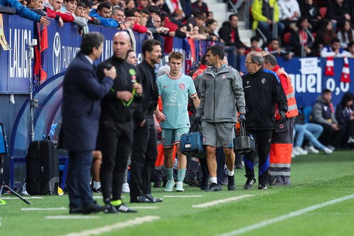 Pablo Barrios of Atletico de Madrid injured during the Spanish League, LaLiga EA Sports, football match played between CA Osasuna and Atletico de Madrid at El Sadar stadium on May 15, 2025, in Pamplona, Navarra, Spain.