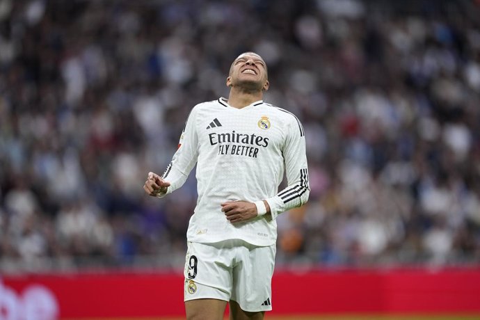 Kylian Mbappe of Real Madrid laments during the Spanish League, LaLiga EA Sports, football match played between Real Madrid and RC Celta de Vigo at Santiago Bernabeu stadium on May 04, 2025 in Madrid, Spain.