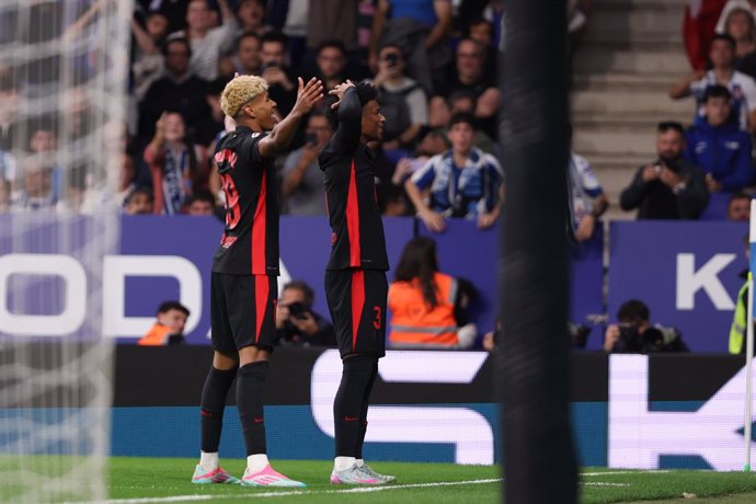 Lamine Yamal of FC Barcelona celebrates a goal with Alejandro Balde of FC Barcelona during the Spanish league, La Liga EA Sports, football match played between RCD Espanyol and FC Barcelona at RCDE Stadium on May 15, 2025 in Cornella, Barcelona, Spain.