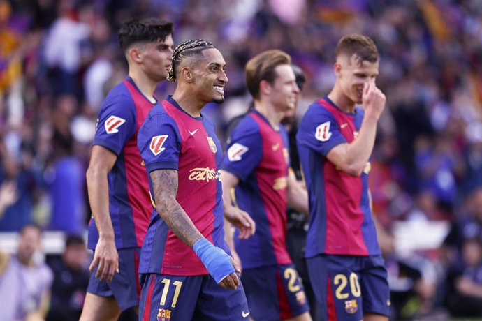Raphinha Dias Belloli of FC Barcelona celebrates a goal during the Spanish League, LaLiga EA Sports, football match played between FC Barcelona and Real Madrid at Estadi Olimpic Lluis Companys on May 11, 2025, in Madrid, Spain.