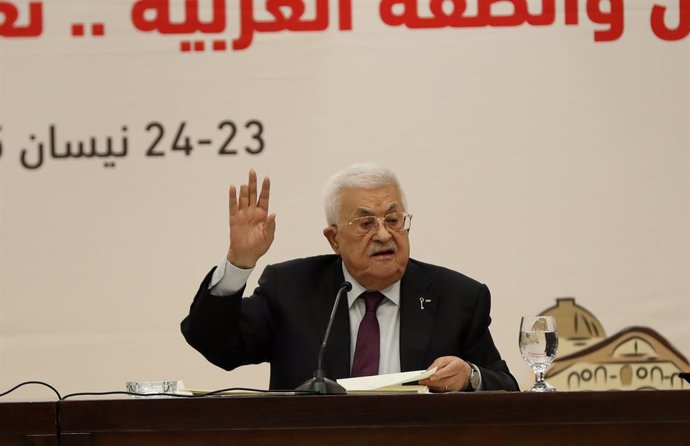 RAMALLAH, April 23, 2025  -- Palestinian President Mahmoud Abbas speaks at a Palestine Liberation Organization (PLO) Central Council meeting in the West Bank City of Ramallah, on April 23, 2025. Abbas on Wednesday called for an international peace confere
