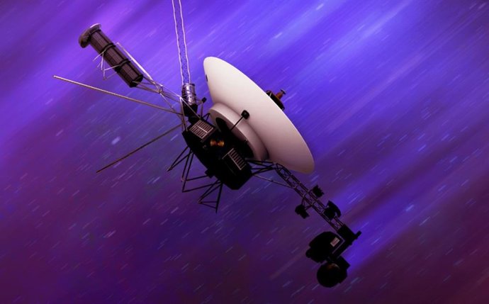 As sondas gêmeas Voyager da NASA, lançadas em 1977, estão atualmente viajando pelo espaço interestelar a cerca de 56.000 km/h (35.000 mph). Esta representação artística mostra uma das sondas se afastando em alta velocidade.