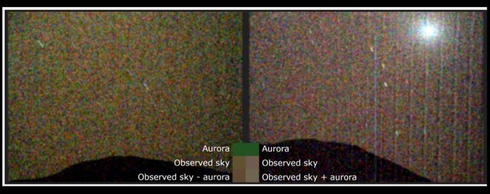 La primera imagen en luz visible de una aurora verde en Marte (izquierda), tomada por el rover Perseverance de la NASA. Una imagen comparativa (derecha) muestra el cielo nocturno sin la aurora, pero con la luna marciana Deimos.