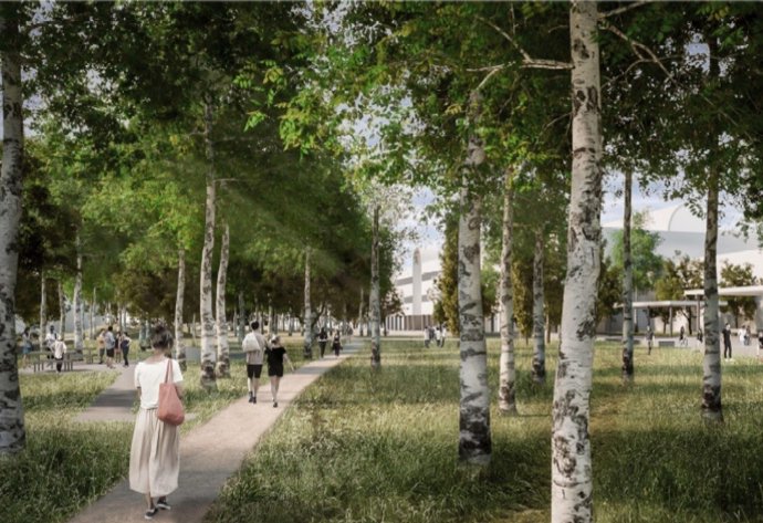 Recreación de cómo está previsto que quede en el futuro el parque lineal de del Distrito Aragonés de Tecnología Alierta de Zaragoza.