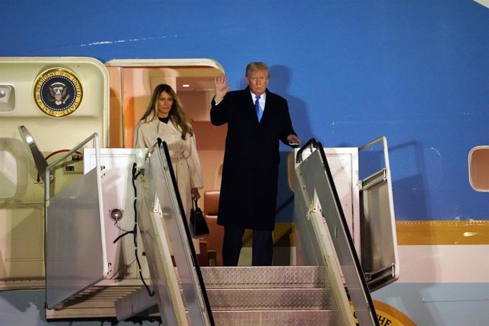 April 25, 2025, Aeroporto Leonardo Da Vinci, Italy: US President Donald Trump and First Lady Melania Trump step off Air Force One upon arrival at Leonardo da Vinci International Airport in Rome on April 25, 2025. Trump is in Rome to attend the funeral for