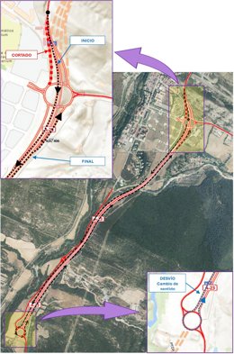 Mapa con el tramo afectado por las obras en la A-23.