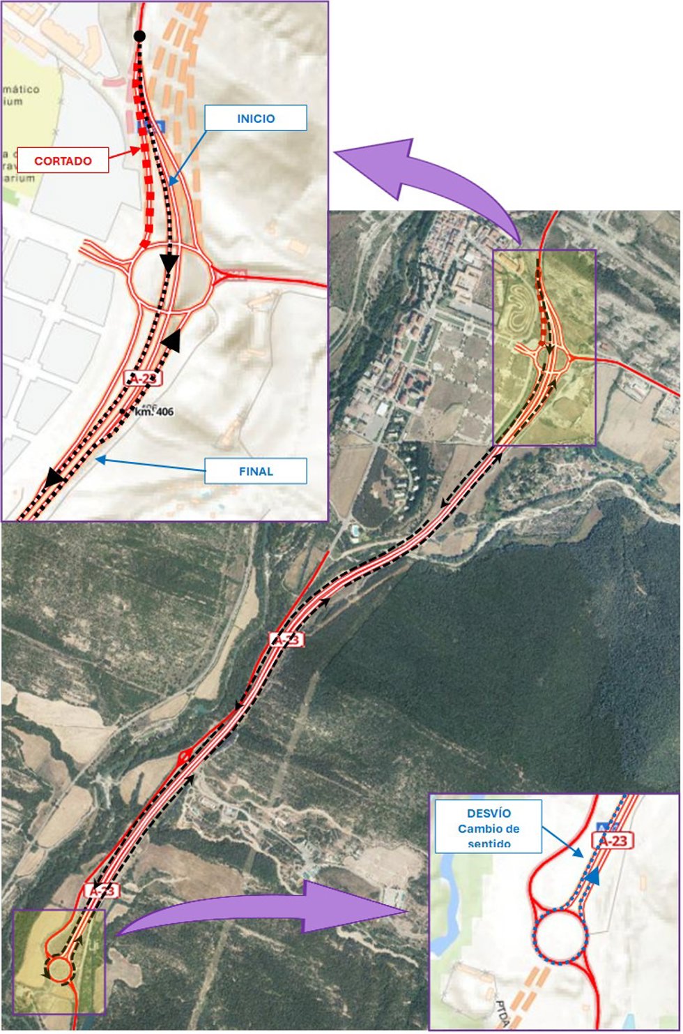 Mapa con el tramo afectado por las obras en la A-23.